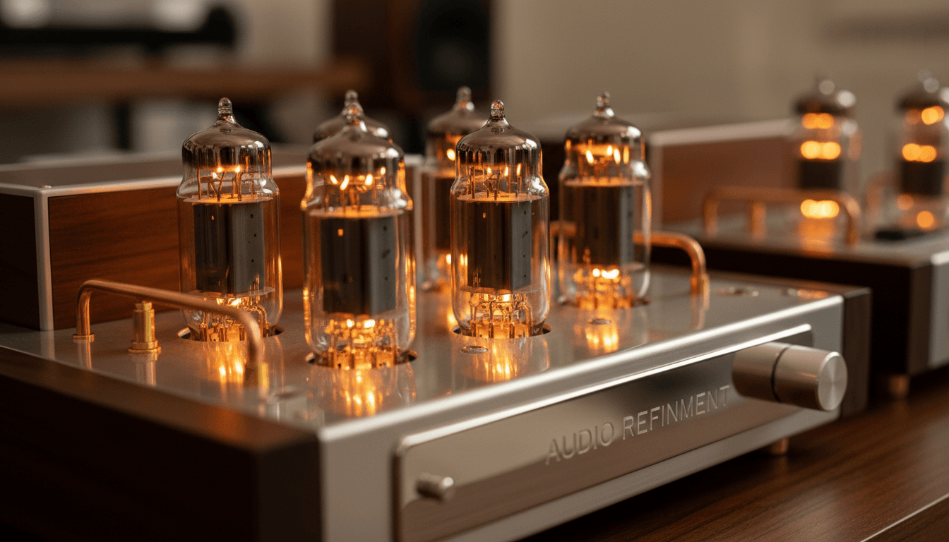 Detailed view of illuminated vacuum tubes in QM-2025 Preamplifier