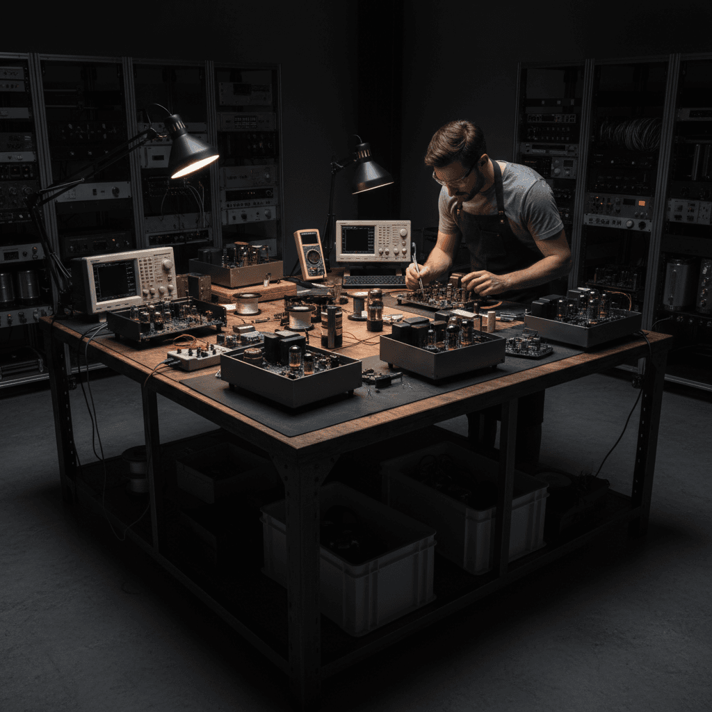 Technician inspecting amplifier circuit boards in manufacturing facility