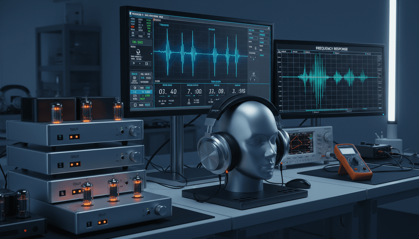 Audio device undergoing quality assurance testing with measurement displays
