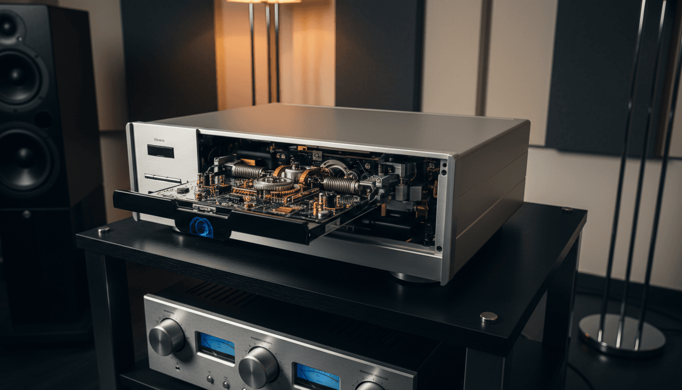 Premium CD player with open disc tray showcasing precision mechanics