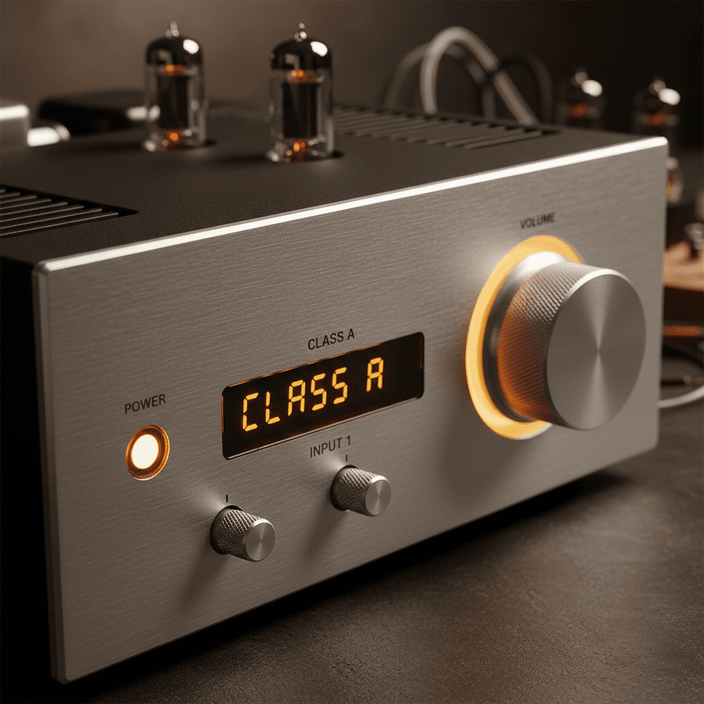 Premium amplifier with illuminated controls and brushed metal finish
