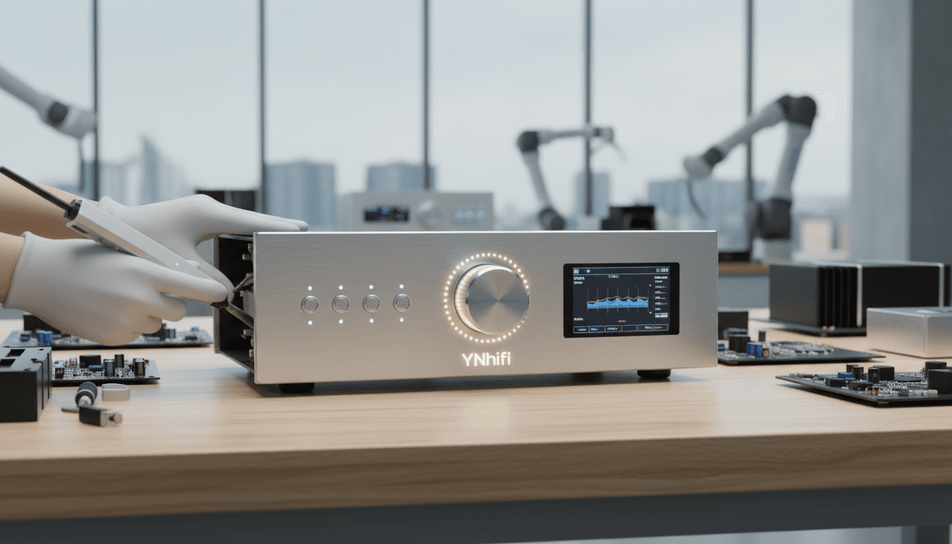 Premium amplifier control panel being precisely assembled with YNhifi branding.