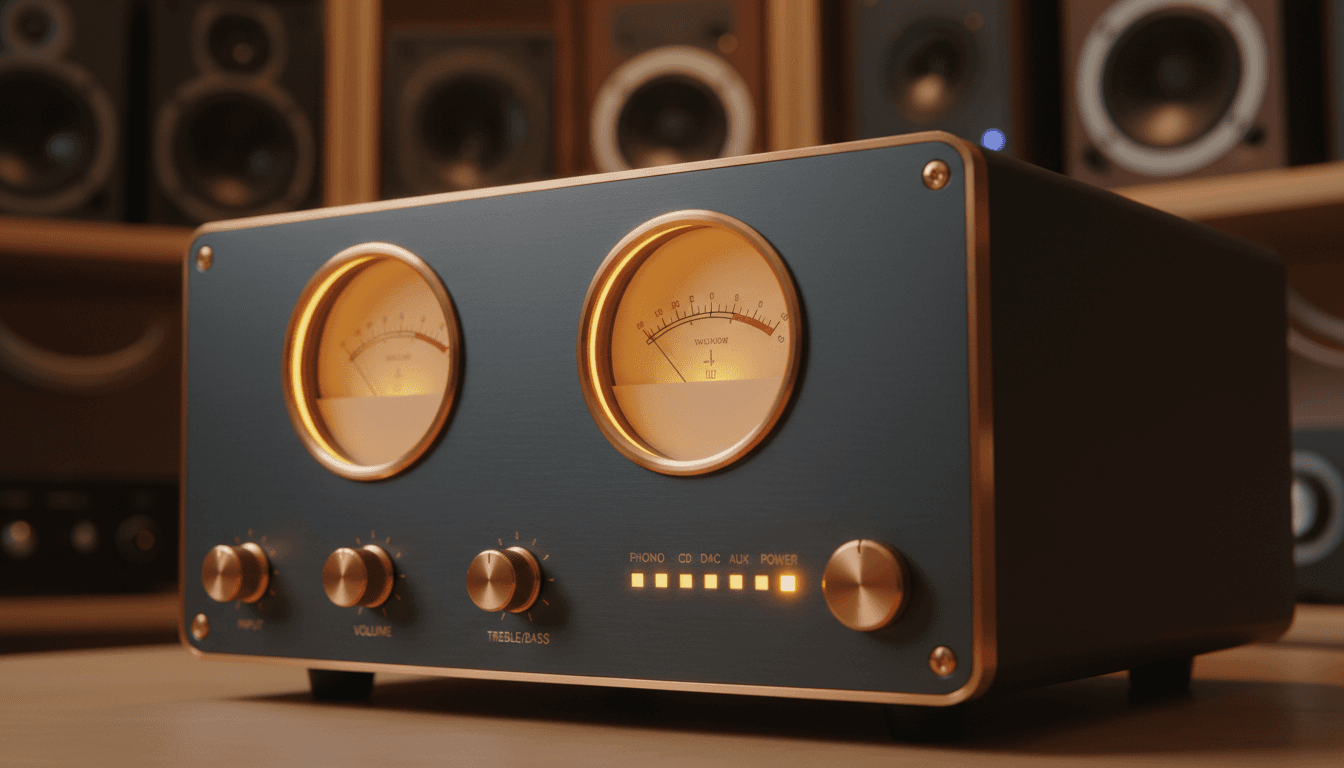 High-fidelity amplifier with precision controls and illuminated dials