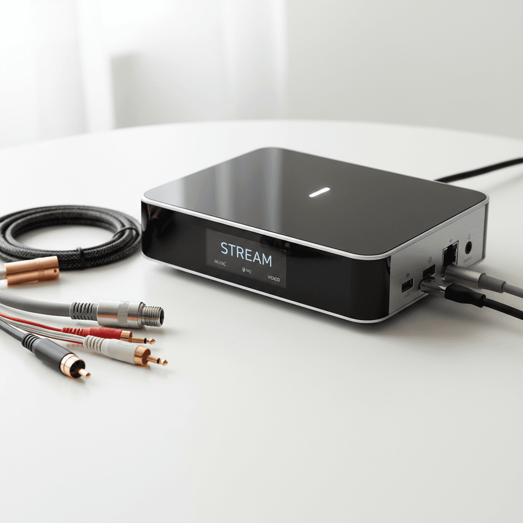 Compact streaming device with audio cables showing modern connectivity options