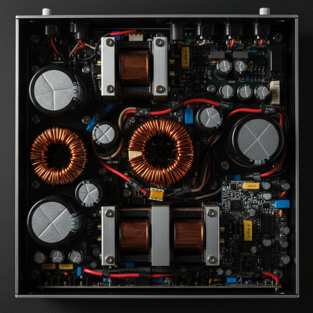 Internal amplifier components showing transformer coils and circuit boards