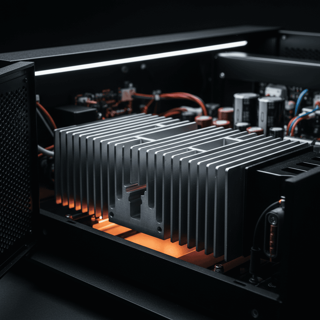 A7 amplifier internal heatsink and precision engineering detail