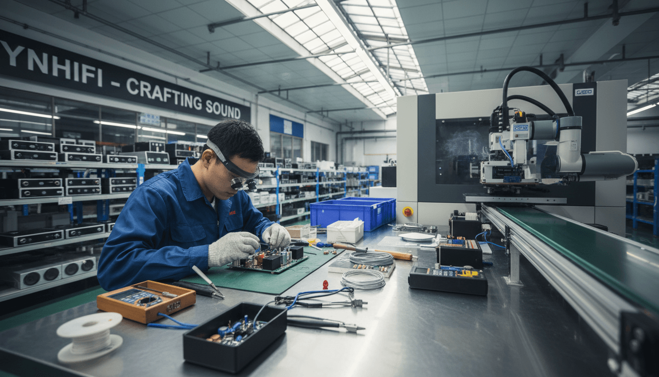 Skilled technician assembling audio components in YNhifi manufacturing facility