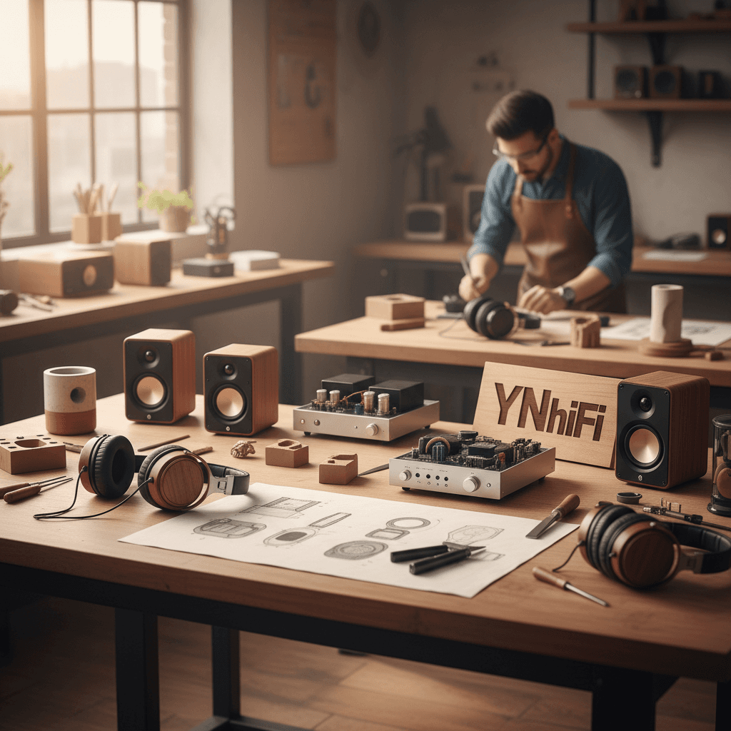 Audio equipment prototypes and design sketches in product development studio