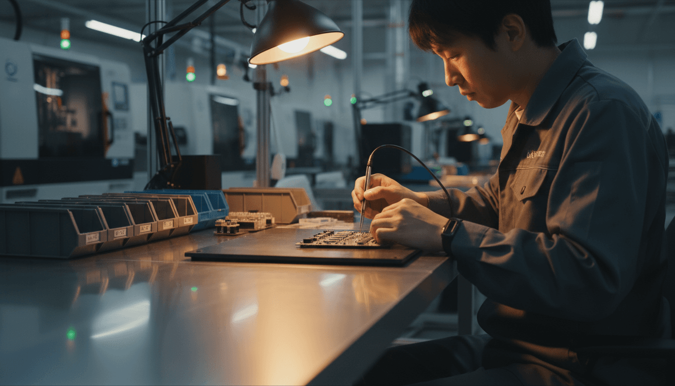 Skilled technician assembling audio equipment components with precision in a state-of-the-art manufacturing facility