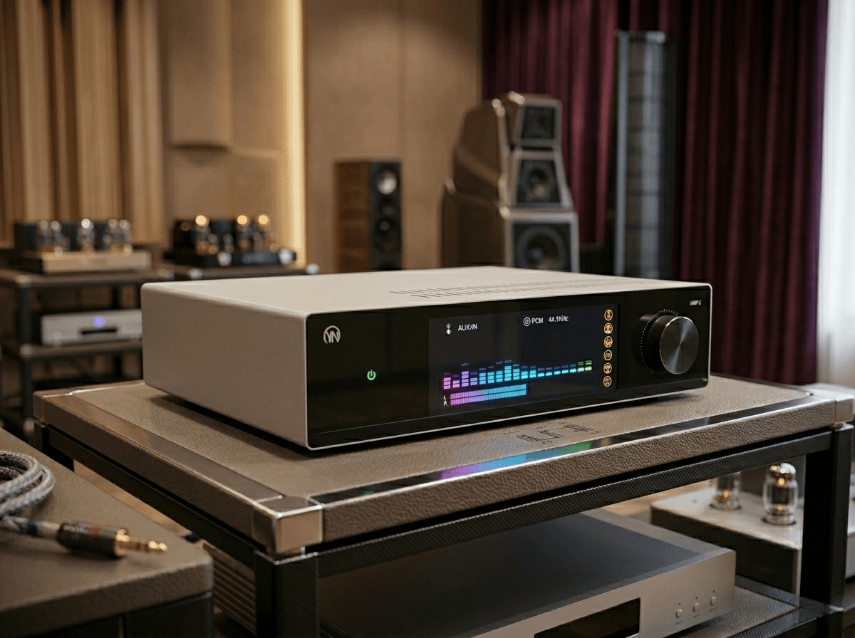 Sleek silver audio amplifier with a colorful digital spectrum display on a professional equipment rack.