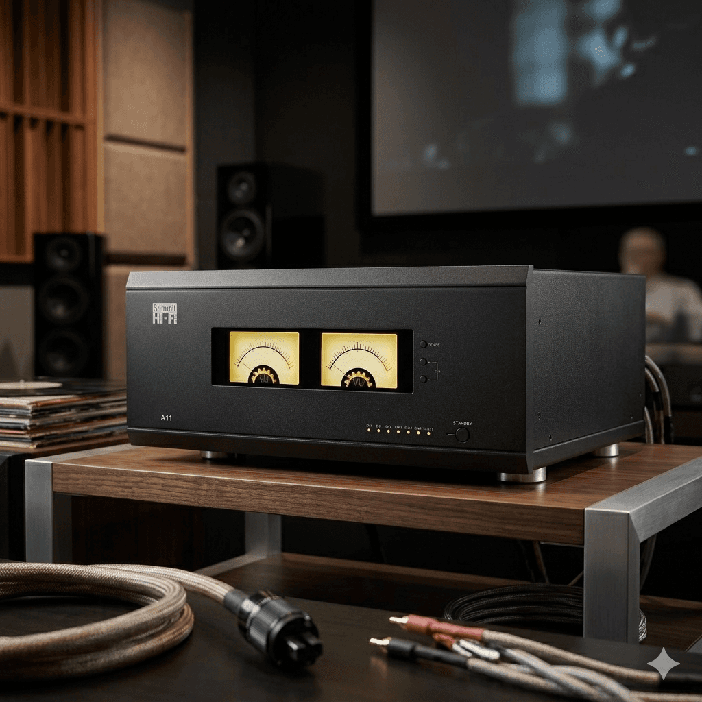 Black Summit Hi-Fi A11 amplifier with dual glowing yellow VU meters on a wooden stand.