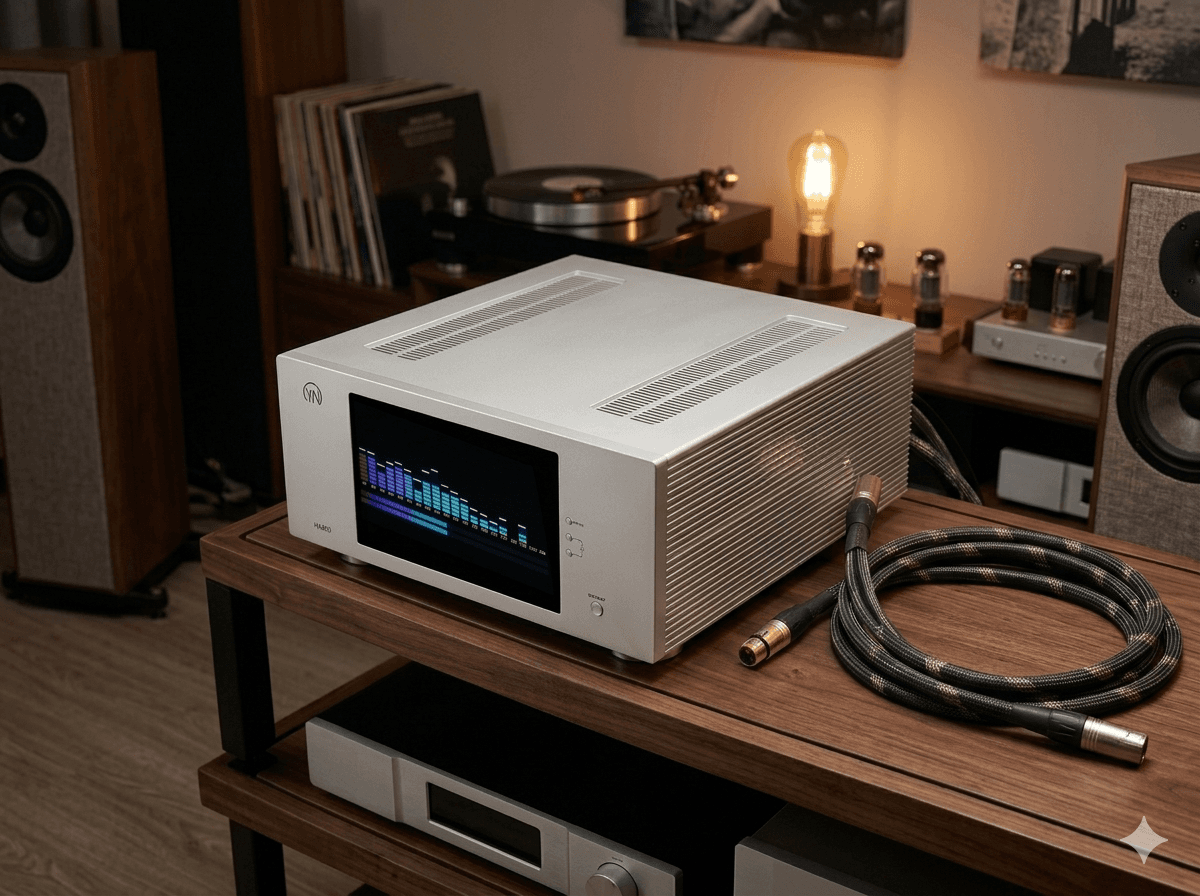 Silver audio amplifier with a digital spectrum display on a wooden shelf with coiled cables.