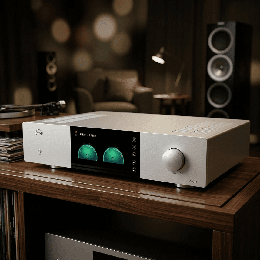 Sleek silver audio amplifier with glowing green digital VU meters on a wooden shelf.