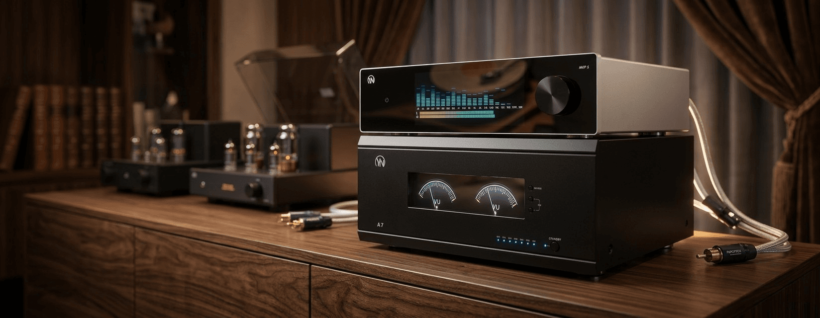 Premium audio components with digital displays and analog VU meters on a wooden sideboard.